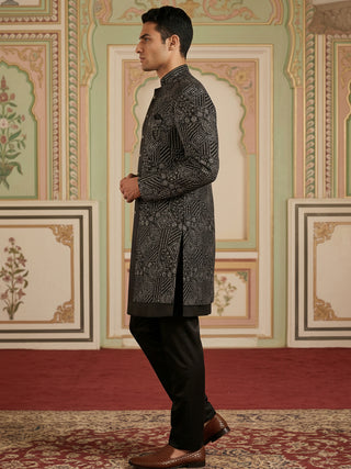 Men Black Embroidered Indo-Western Set