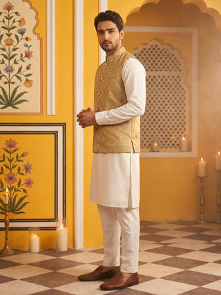 Woven Design Nehru Jacket With Solid Kurta Pyjama for Men