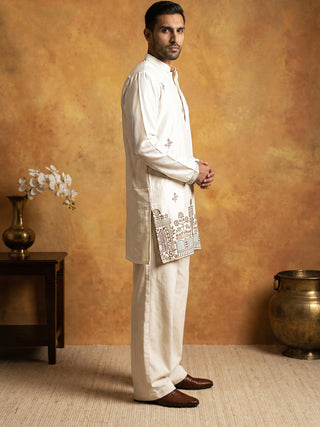 Silk Blend Embroidered Kurta & Korean Pants Set