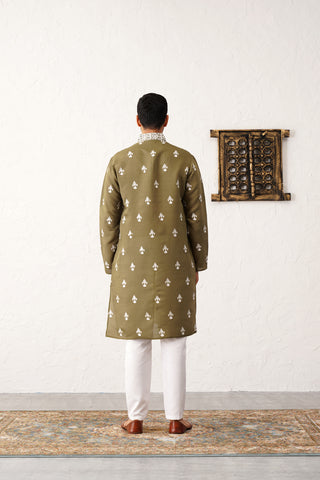 Men's Olive Chikankari Embroidered Kurta With Pyjama