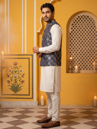 Men's Navy Blue Printed Nehru Jacket With Solid Kurta Pyjama