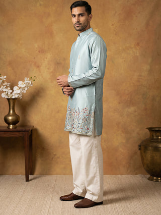 Silk Blend Embroidered Kurta & Korean Pants Set