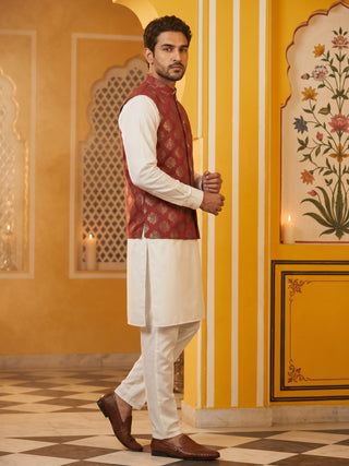 Men's Maroon Printed Nehru Jacket With Solid Kurta Pyjama