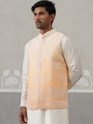 Orange Silk Blend Embroidered Nehru Jacket