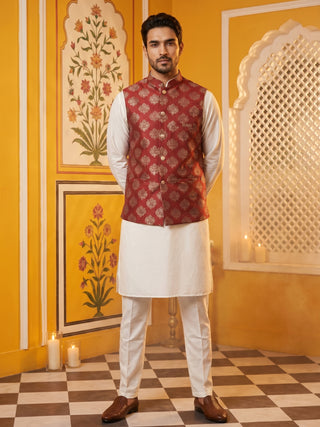 Men's Maroon Printed Nehru Jacket With Solid Kurta Pyjama