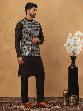 Embroidered Nehru Jacket Set with Solid Kurta Pyjama