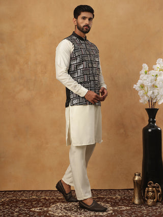 Embroidered Nehru Jacket Set with Solid Kurta Pyjama