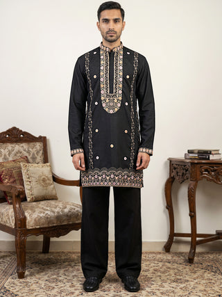 Men's Cotton Blend Embroidered Kurta with Korean Pants