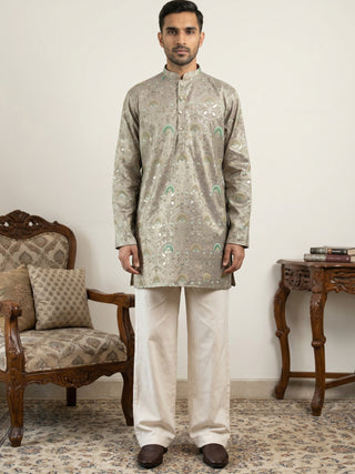 Silk Blend Foil Print Kurta & Korean Pants Set