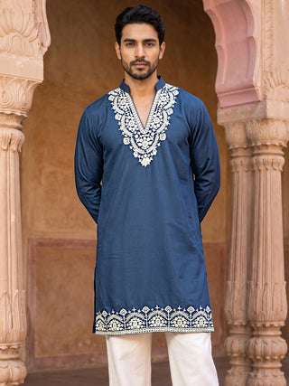 Cotton Blend Embroidered Kurta for Men