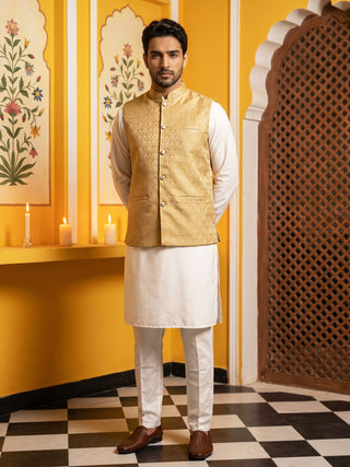 Woven Design Nehru Jacket With Solid Kurta Pyjama for Men