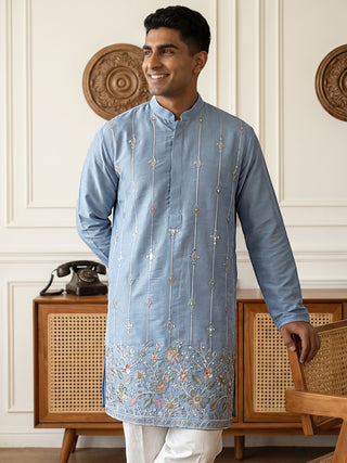 Men’s Silk-Blend Embroidered Kurta with Korean Pants