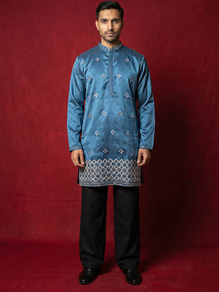 Silk Blend Embroidered Kurta & Korean Pants Set