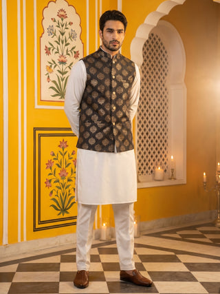 Men's Black Printed Nehru Jacket With Solid Kurta Pyjama