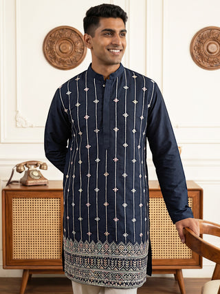 Men’s Silk-Blend Embroidered Kurta with Korean Pants