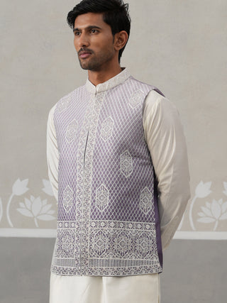Purple Silk Blend Embroidered Nehru Jacket