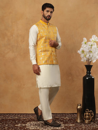 Embroidered Nehru Jacket Set with Solid Kurta Pyjama