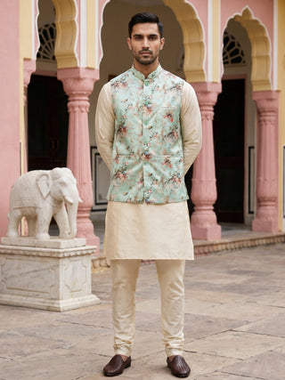 Men's Silk Blend Kurta Set with Printed Nehru Jacket