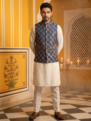 Men's Navy Blue Printed Nehru Jacket With Solid Kurta Pyjama