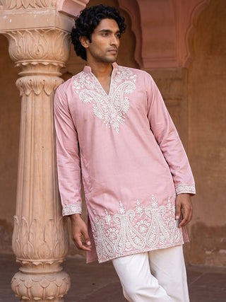 Embroidered Cotton Blend Kurta with Korean Pants