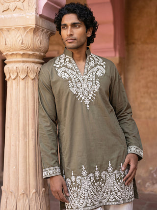 Embroidered Cotton Blend Kurta with Korean Pants