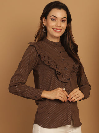 Coffee Brown Woven Design Frill Top