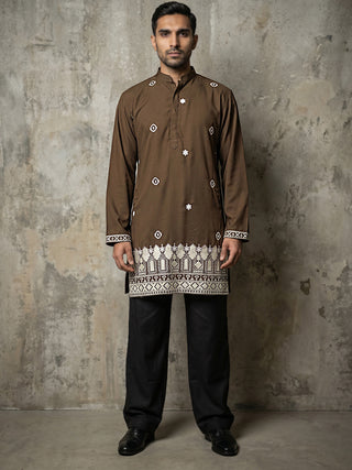 Men's Japanese Fabric Embroidered Kurta with Korean Pants Set