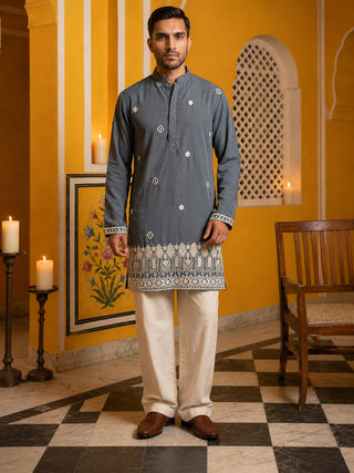 Men's Japanese Fabric Embroidered Kurta with Korean Pants Set