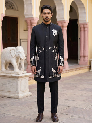 Silk Blend Horse & Crane Embroidered Indo-Western Set