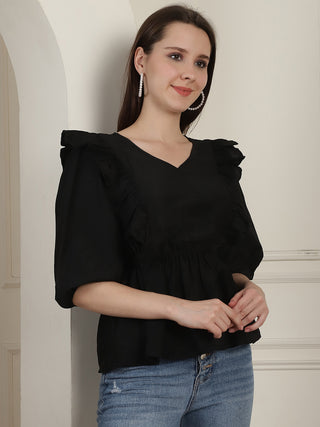 Black Solid Women's Top With Frills