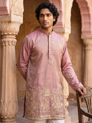 Silk Blend Embroidered Kurta with Korean Pants
