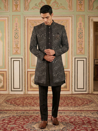 Men Black Embroidered Indo-Western Set