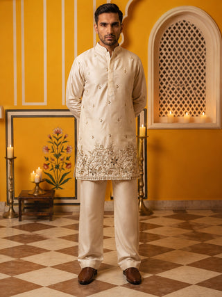 Silk Blend Embroidered Kurta & Korean Pants Set