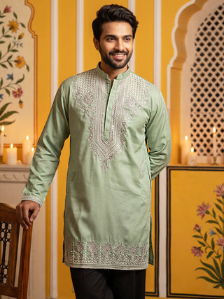 Embroidered Cotton Blend Kurta with Korean Pants