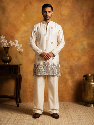 Silk Blend Embroidered Kurta & Korean Pants Set