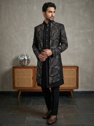 Men Black Embroidered Indo-Western Set