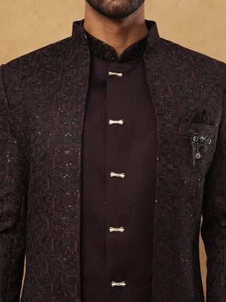 Men's Royal Wine Embroidered Indo-Western Suit Set