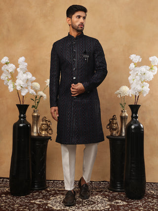 Men's Navy Blue Geometric Embroidered Indo Western Set