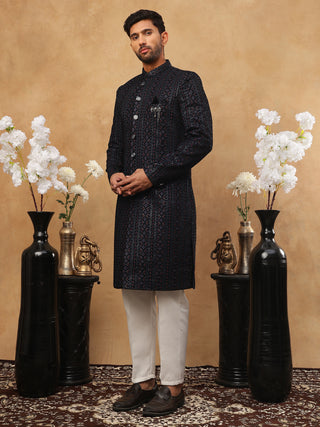 Men's Navy Blue Geometric Embroidered Indo Western Set