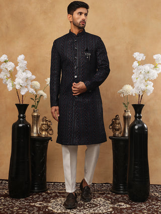 Men's Navy Blue Geometric Embroidered Indo Western Set