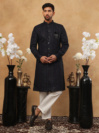 Men's Navy Blue Geometric Embroidered Indo Western Set
