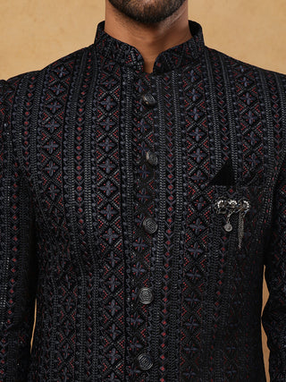 Men's Navy Blue Geometric Embroidered Indo Western Set
