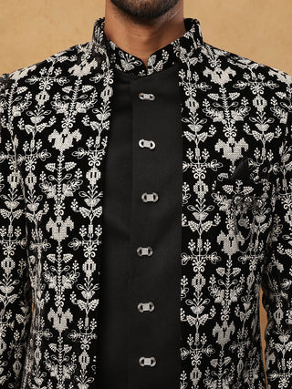 Men's Black & Off-White Floral Embroidered Indo-Western Set