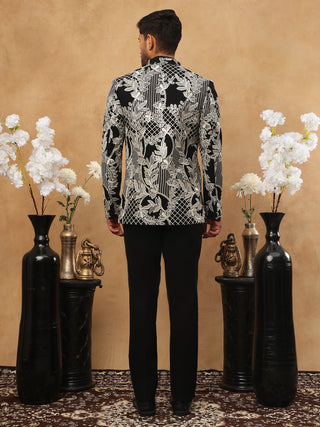 Men's Black & Silver Geometric Floral Indo-Western Set
