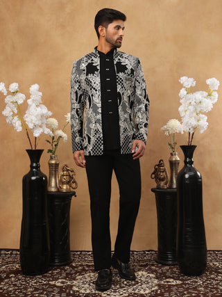 Men's Black & Silver Geometric Floral Indo-Western Set