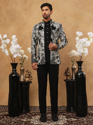 Men's Black & Silver Geometric Floral Indo-Western Set