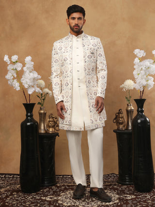 Men's Cream Multi-Color Floral Embroidered Indo Western Set