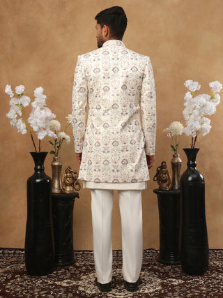 Men's Cream Multi-Color Floral Embroidered Indo Western Set