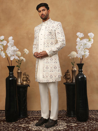 Men's Cream Multi-Color Floral Embroidered Indo Western Set