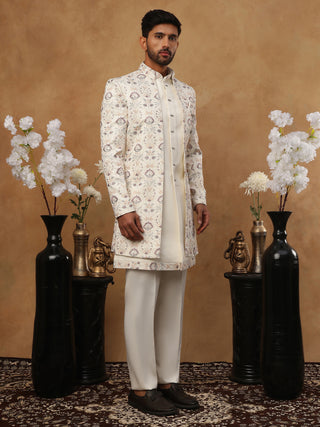 Men's Cream Multi-Color Floral Embroidered Indo Western Set